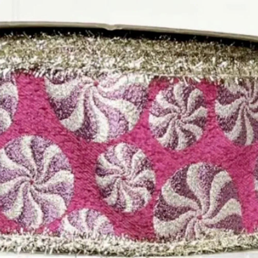 Sweet Pink Peppermint Jacquard Ribbon with Silver Tinsel Edging Christmas Crafts